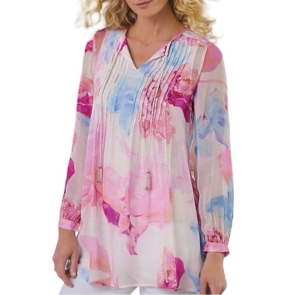 Soft Surroundings Floral Boho Beaded Bed of Roses Silk Chiffon Tunic Top Sz M - Picture 9 of 9